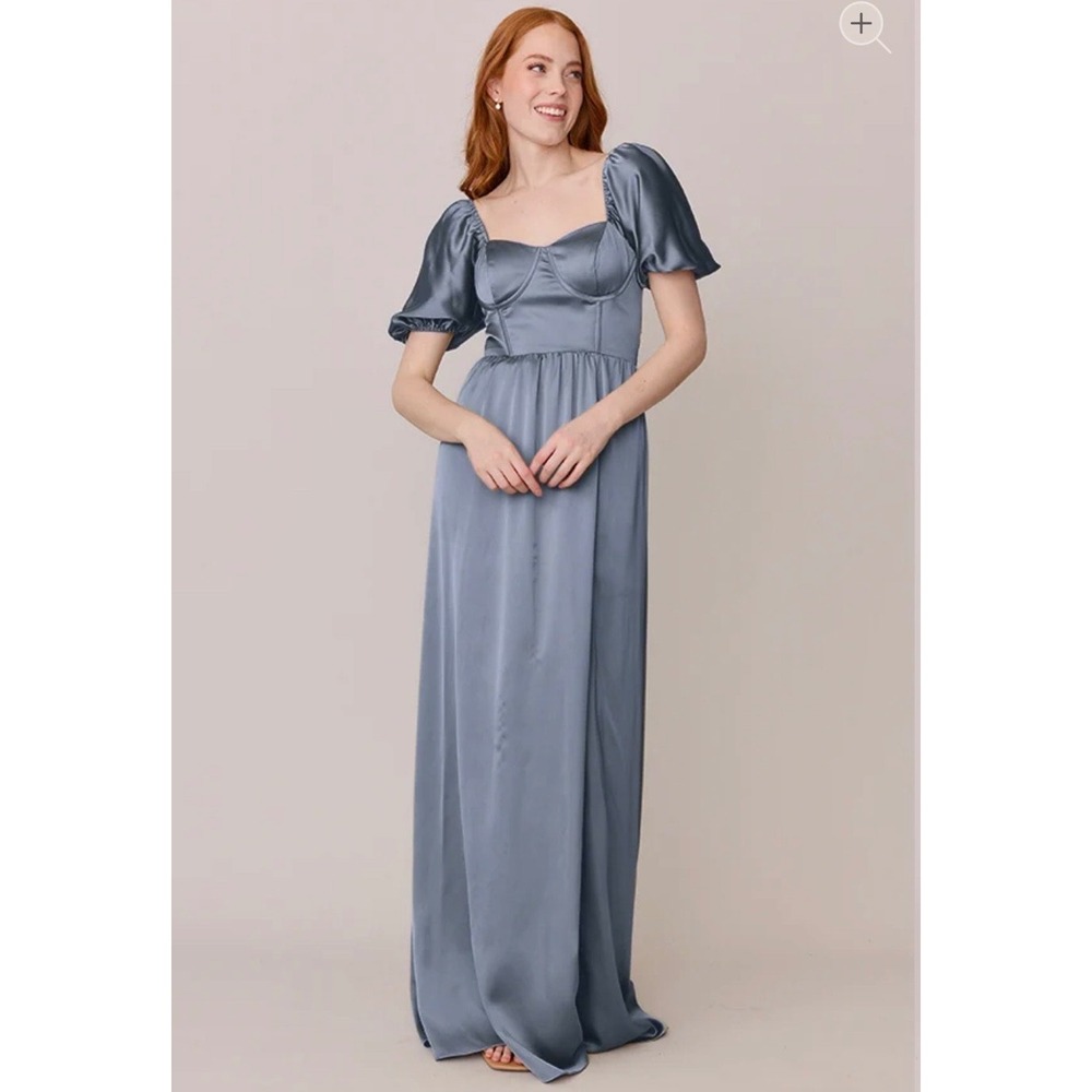 Revelry Satin Maxi Dress Blue Corset Bodice Puff Sleeve Slit Formal Gown 4